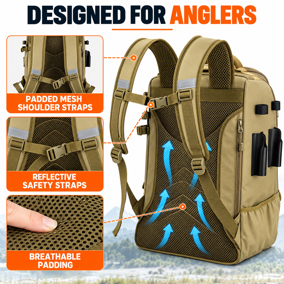 40L Fishing Tackle Backpack, Khaki