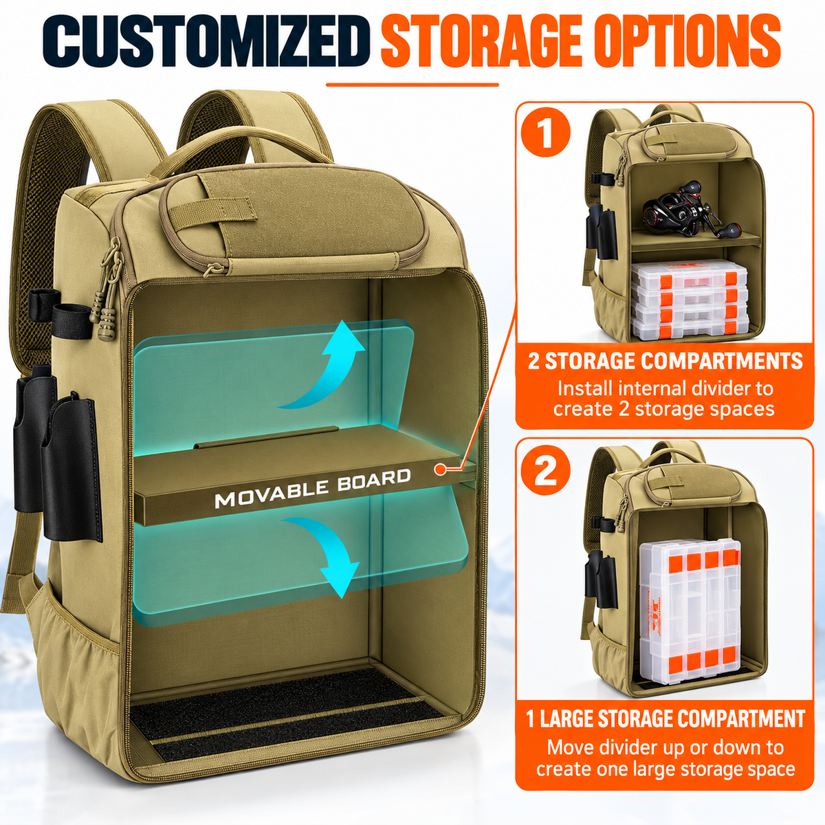 40L Fishing Tackle Backpack, Khaki