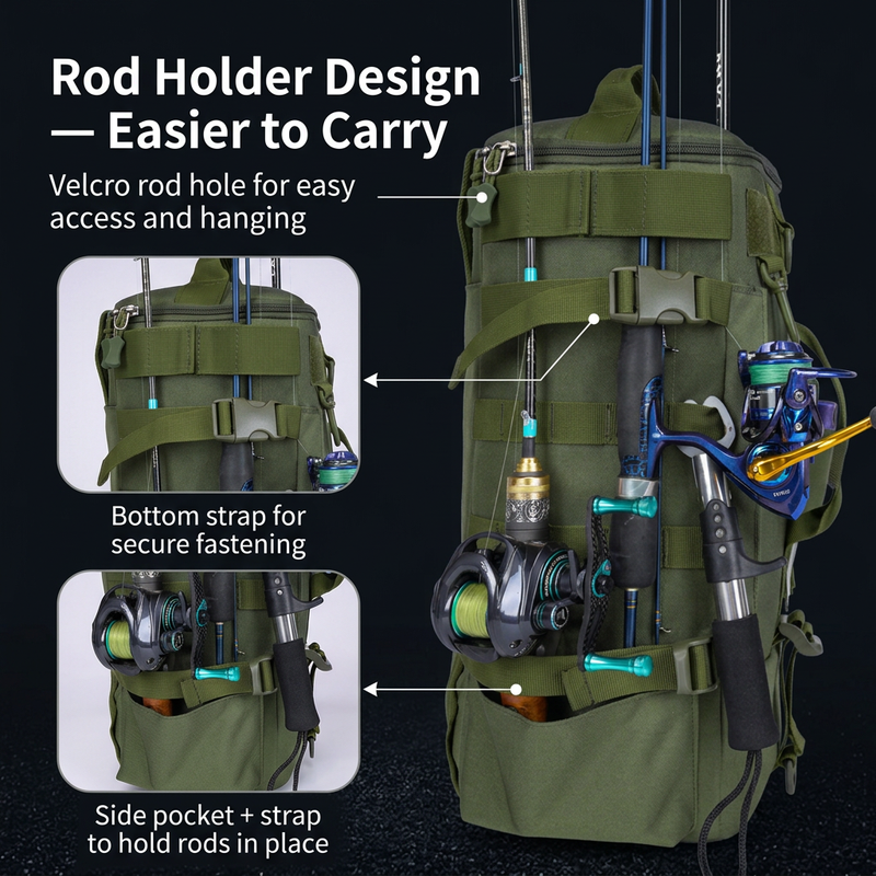 Fishing Tackle Backpack with Rod Holders, Black