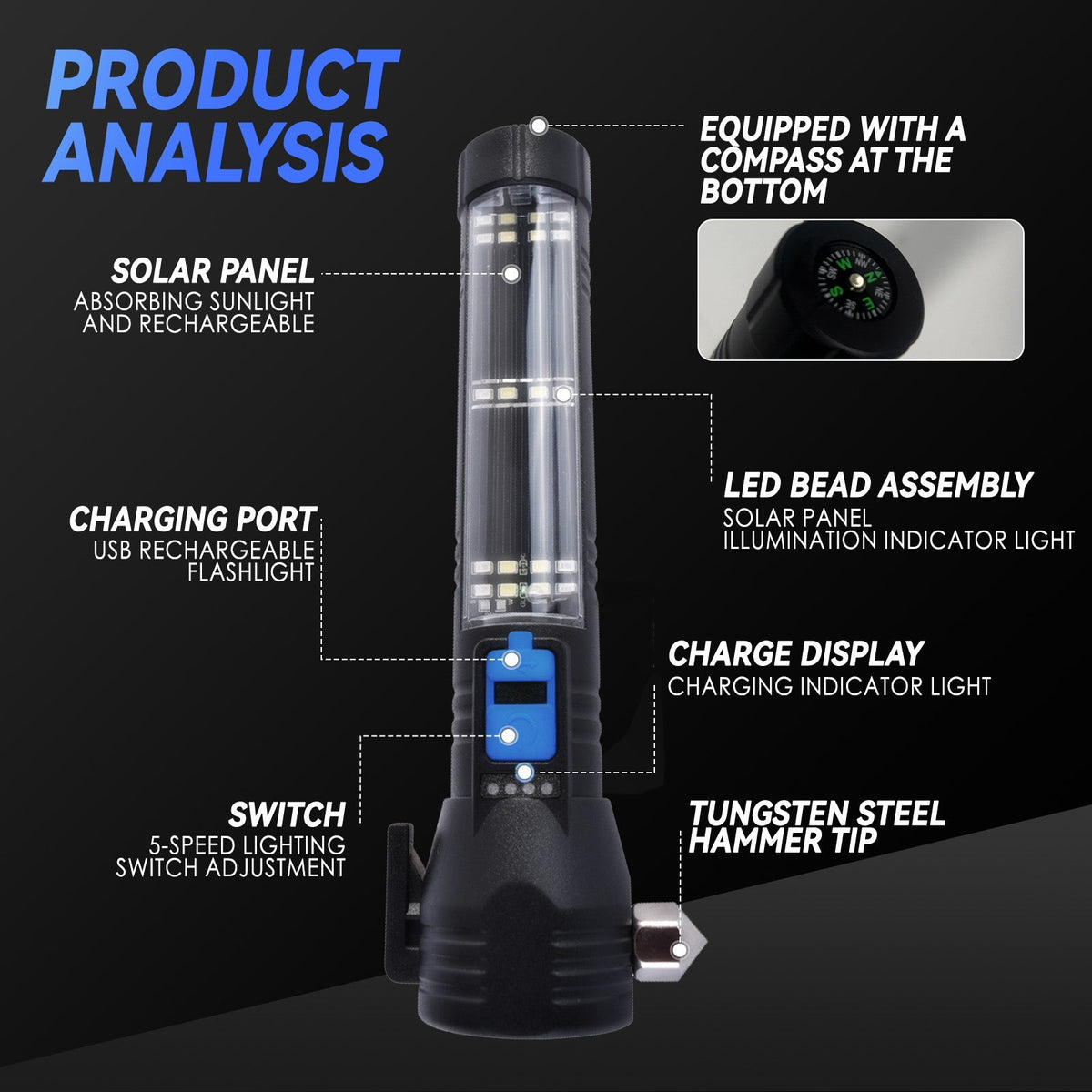Brillar Solar & USB-C Rechargeable Trekking Torch, 150 Lumens