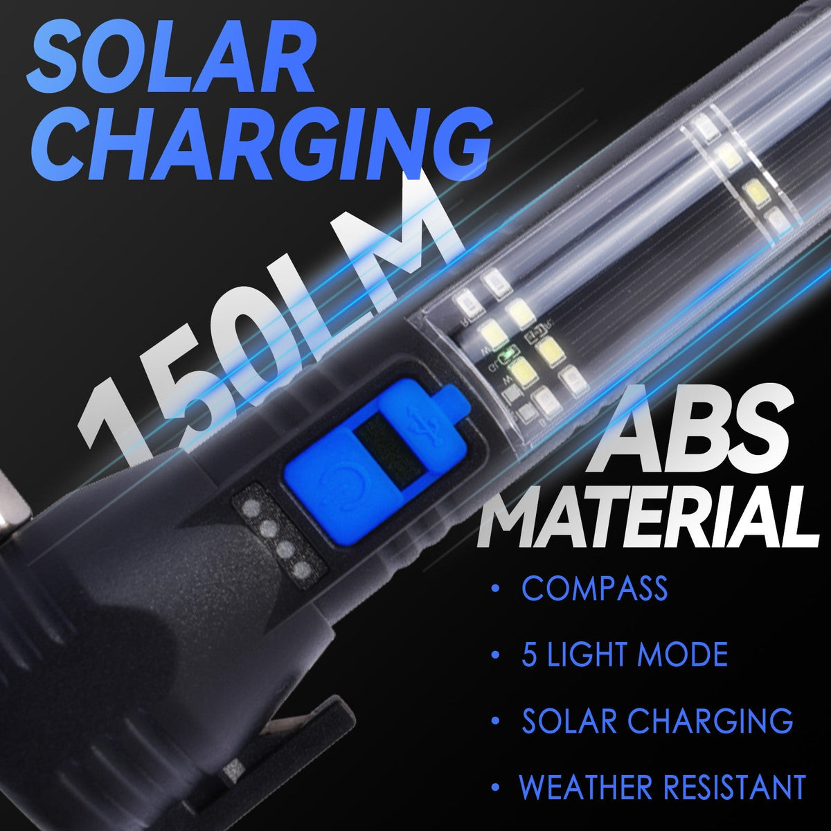 Brillar Solar & USB-C Rechargeable Trekking Torch, 150 Lumens