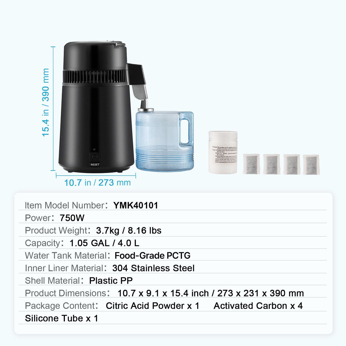 4L Water Distiller, 750W, Stainless Steel Interior, Black