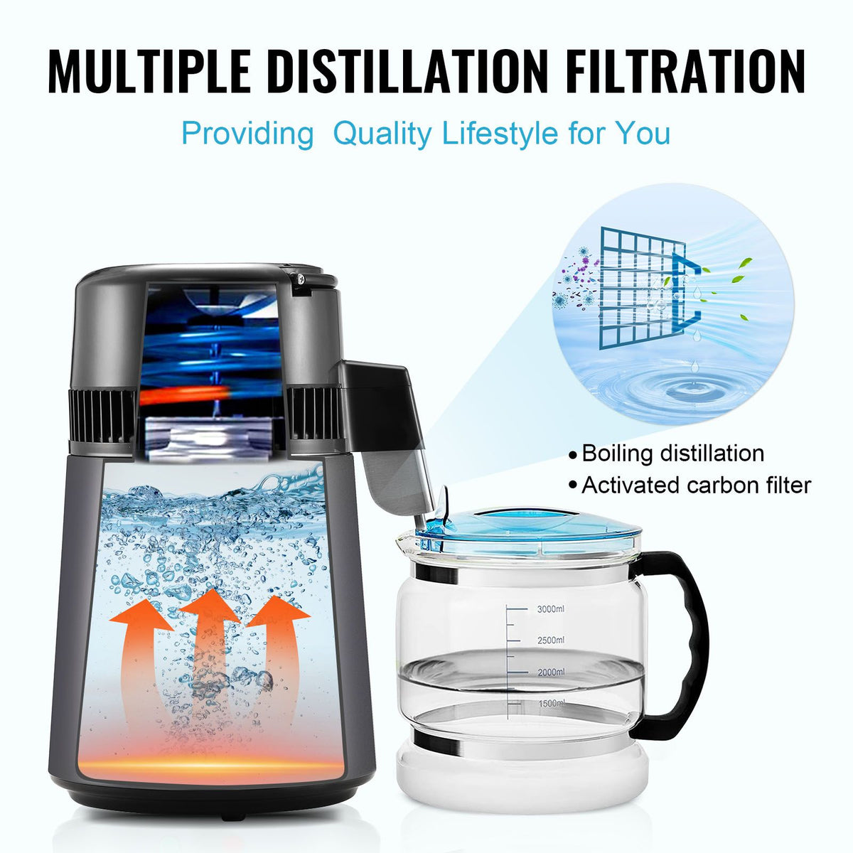 4L Water Distiller, 750W, Stainless Steel Interior, Grey