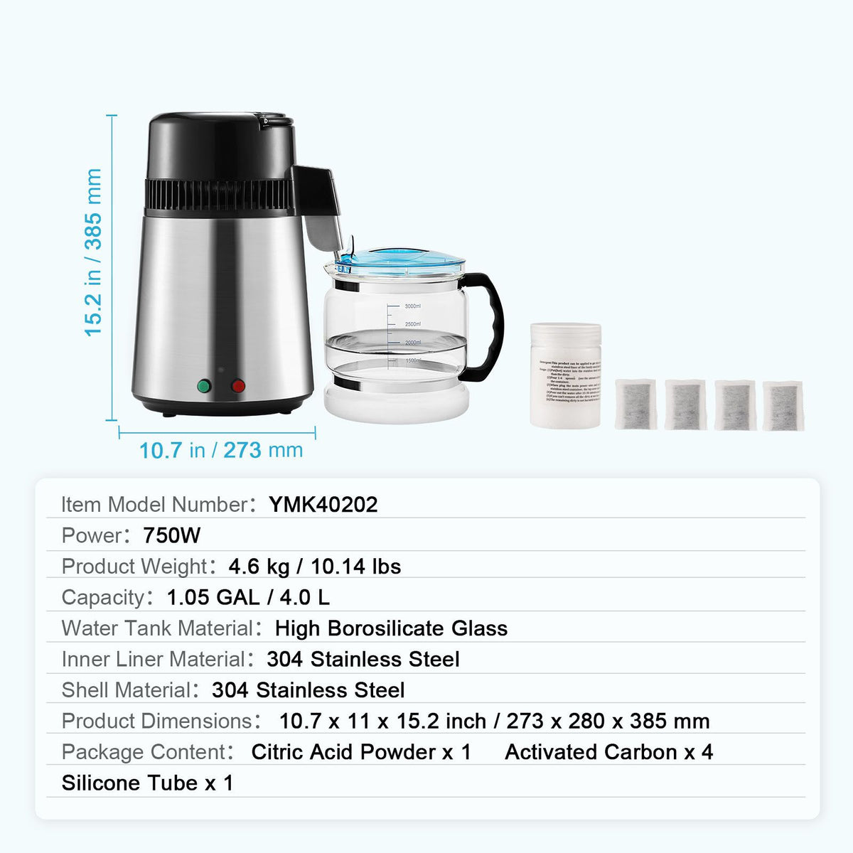 4L Water Distiller, 750W, Stainless Steel Interior, Silver
