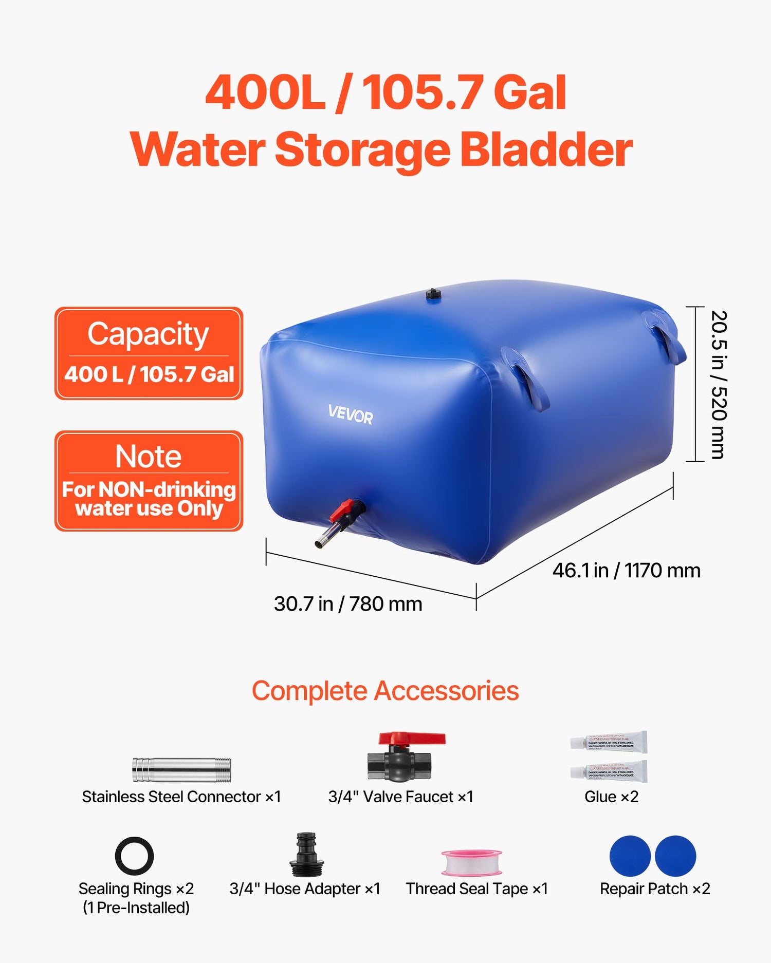 400L (105.7 Gallon) Heavy-Duty PVC Water Storage Bladder