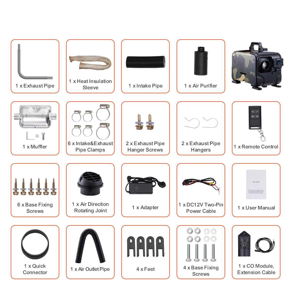 8kW Horizontal Diesel Air Heater, 12V/24V, CO Alarm, Bluetooth App