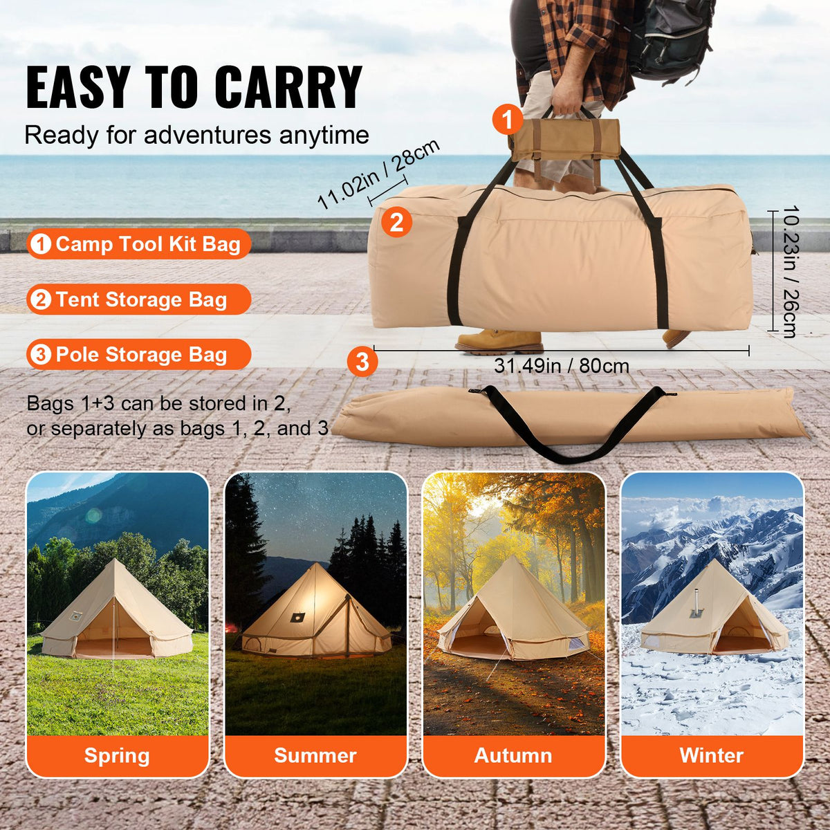 Canvas Bell Tent, 3 m, with Stove Jack, Sleeps Up to 4