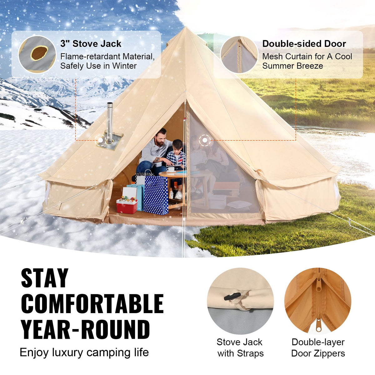 Canvas Bell Tent, 5 m, with Stove Jack, Sleeps Up to 8