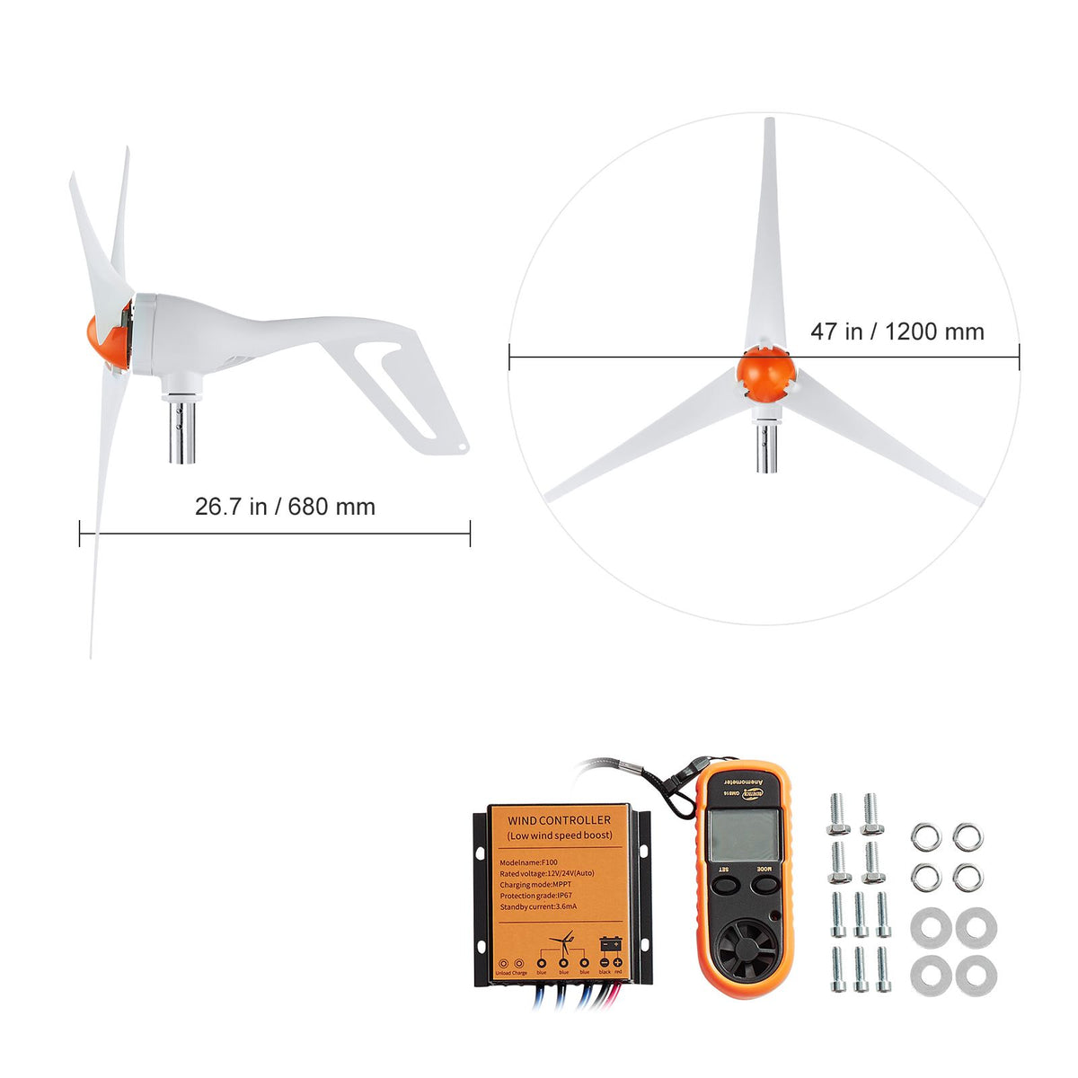 VEVOR 500W 12V Wind Turbine Kit, 3-Blade, MPPT Controller & Anemometer