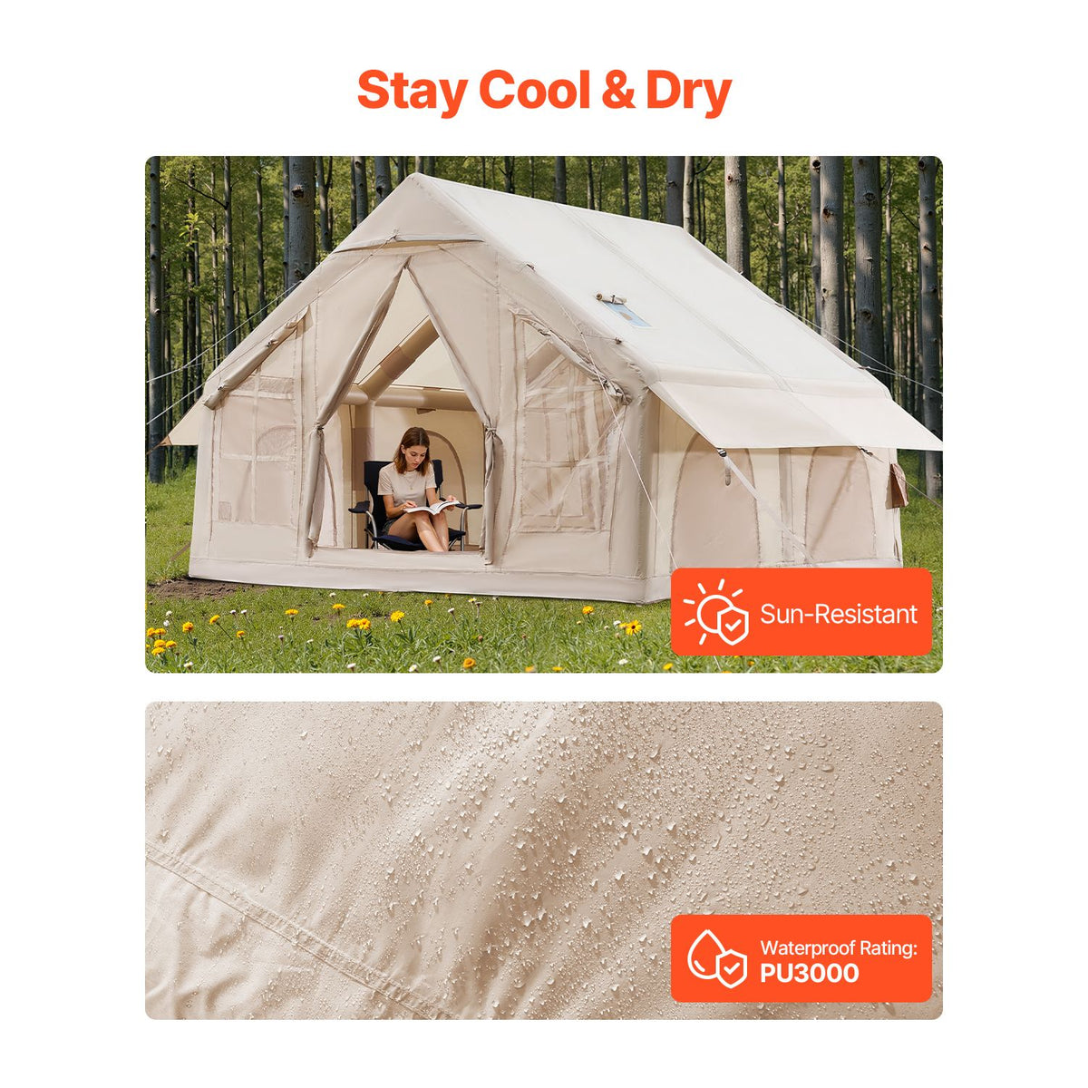Inflatable Camping Tent, 4-6 Person, 3 x 3 m, with Stove Jack, 2 Doors and 4 Mesh Windows