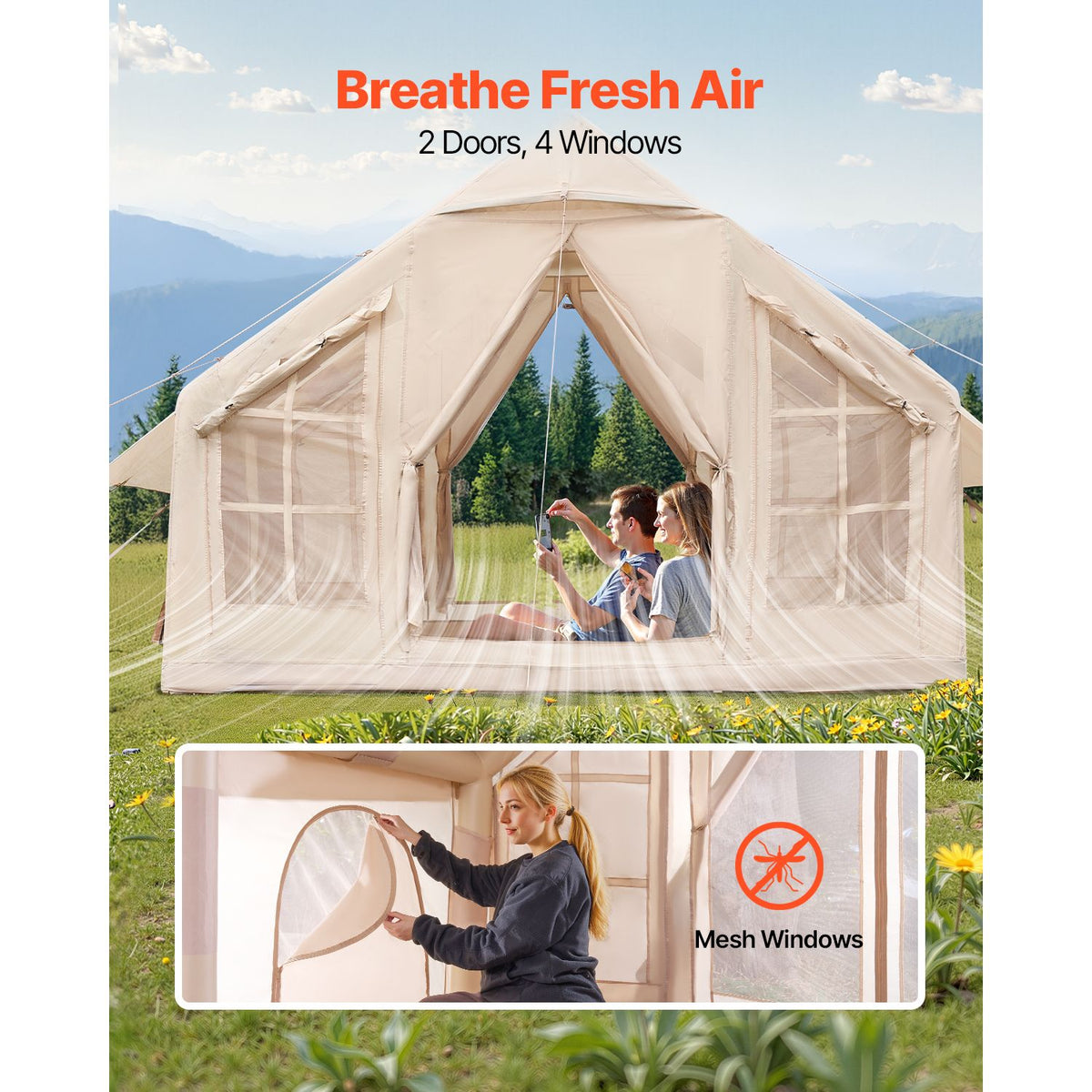 Inflatable Camping Tent, 4-6 Person, 3 x 3 m, with Stove Jack, 2 Doors and 4 Mesh Windows