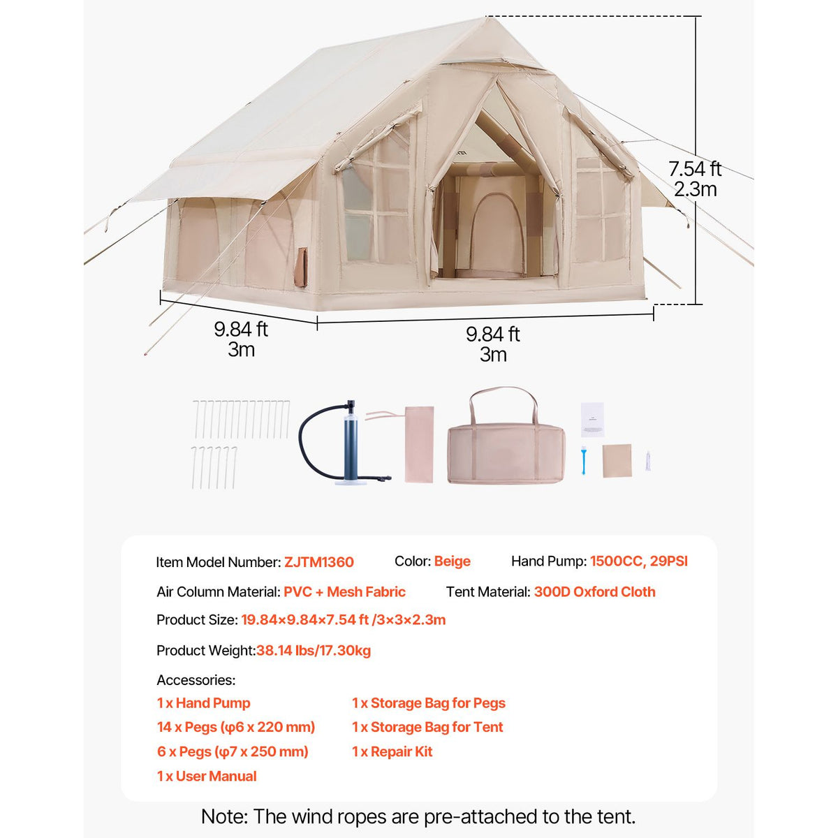 Inflatable Camping Tent, 4-6 Person, 3 x 3 m, with Stove Jack, 2 Doors and 4 Mesh Windows
