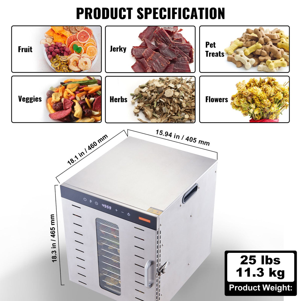 Food Dehydrator, 10 Stainless Trays, 1000W, 30-90°C, 48-Hour Timer
