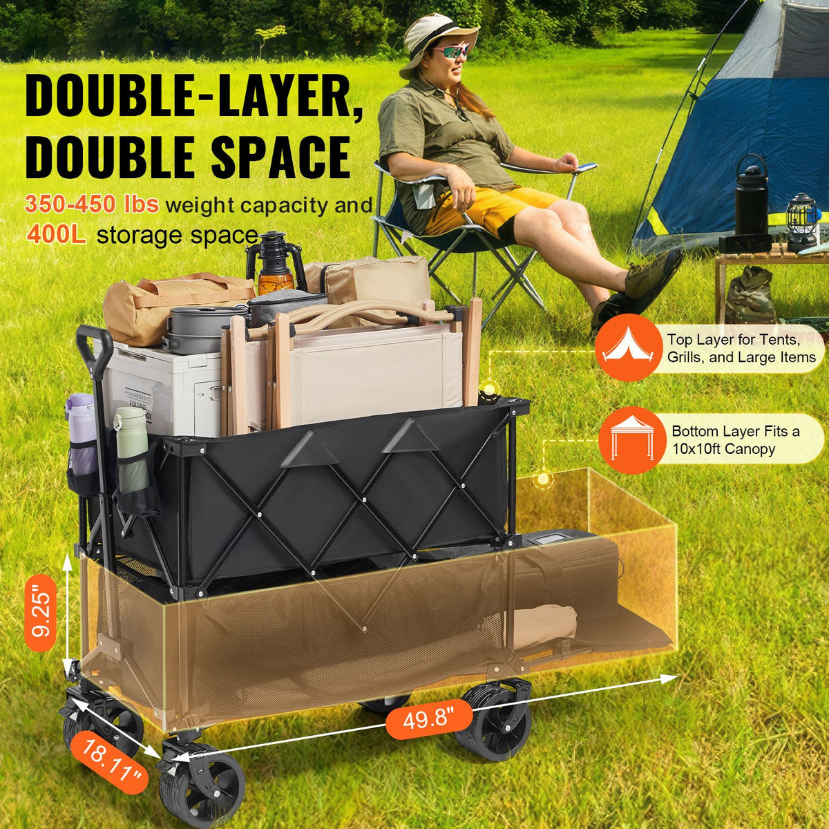 Foldable Double-Decker Wagon, 2-Tier Collapsible Cart, All-Terrain Wheels