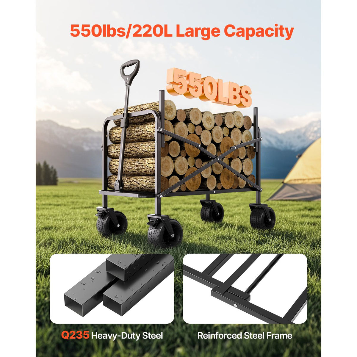 Collapsible Folding Wagon, Converts to Bench Seat, 250kg Load, 220L
