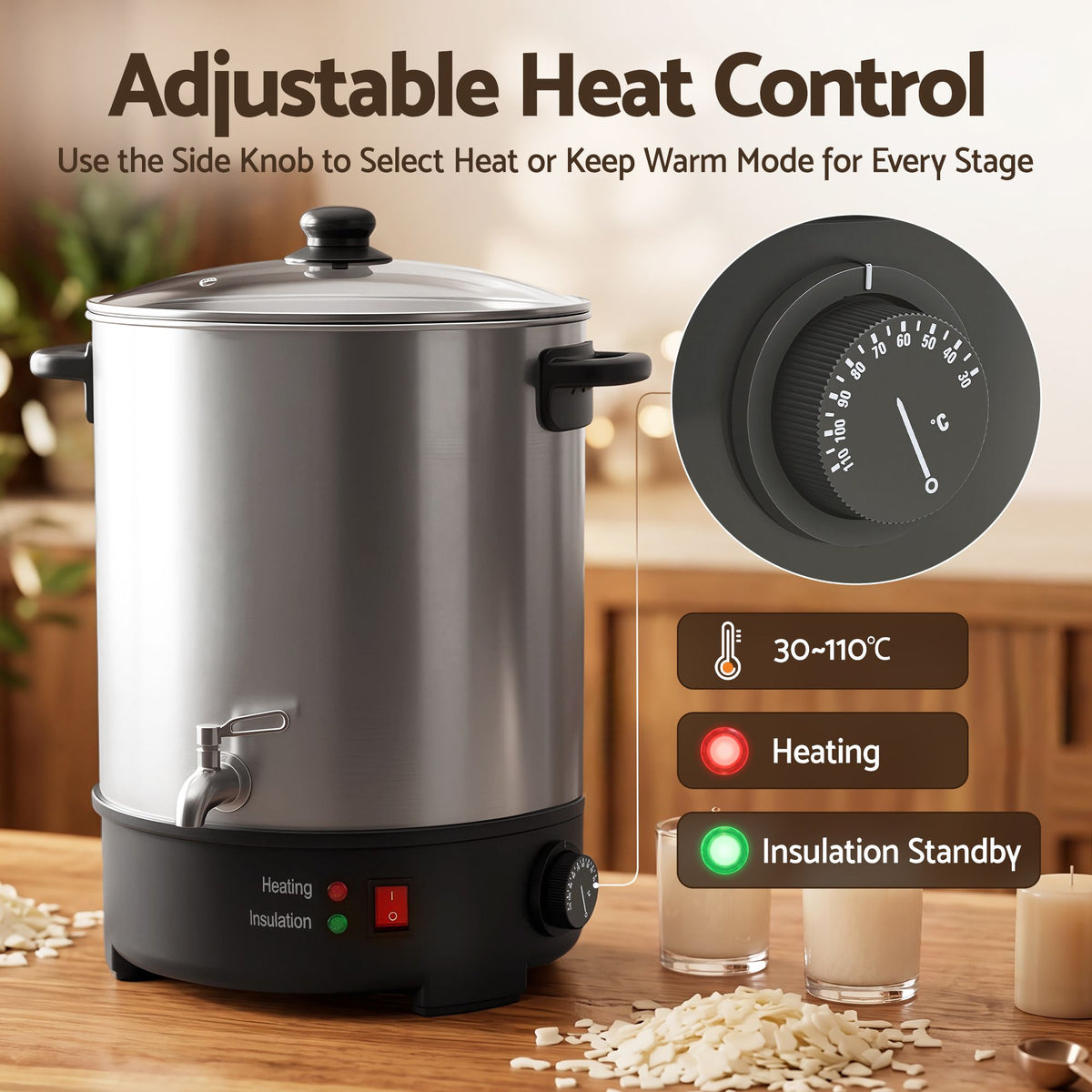 Devanti Electric Wax Melter with Tap and Candle Tool Set, 16L, Silver