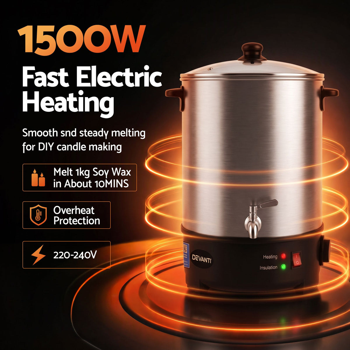 Devanti Electric Wax Melter with Tap and Candle Tool Set, 16L, Silver
