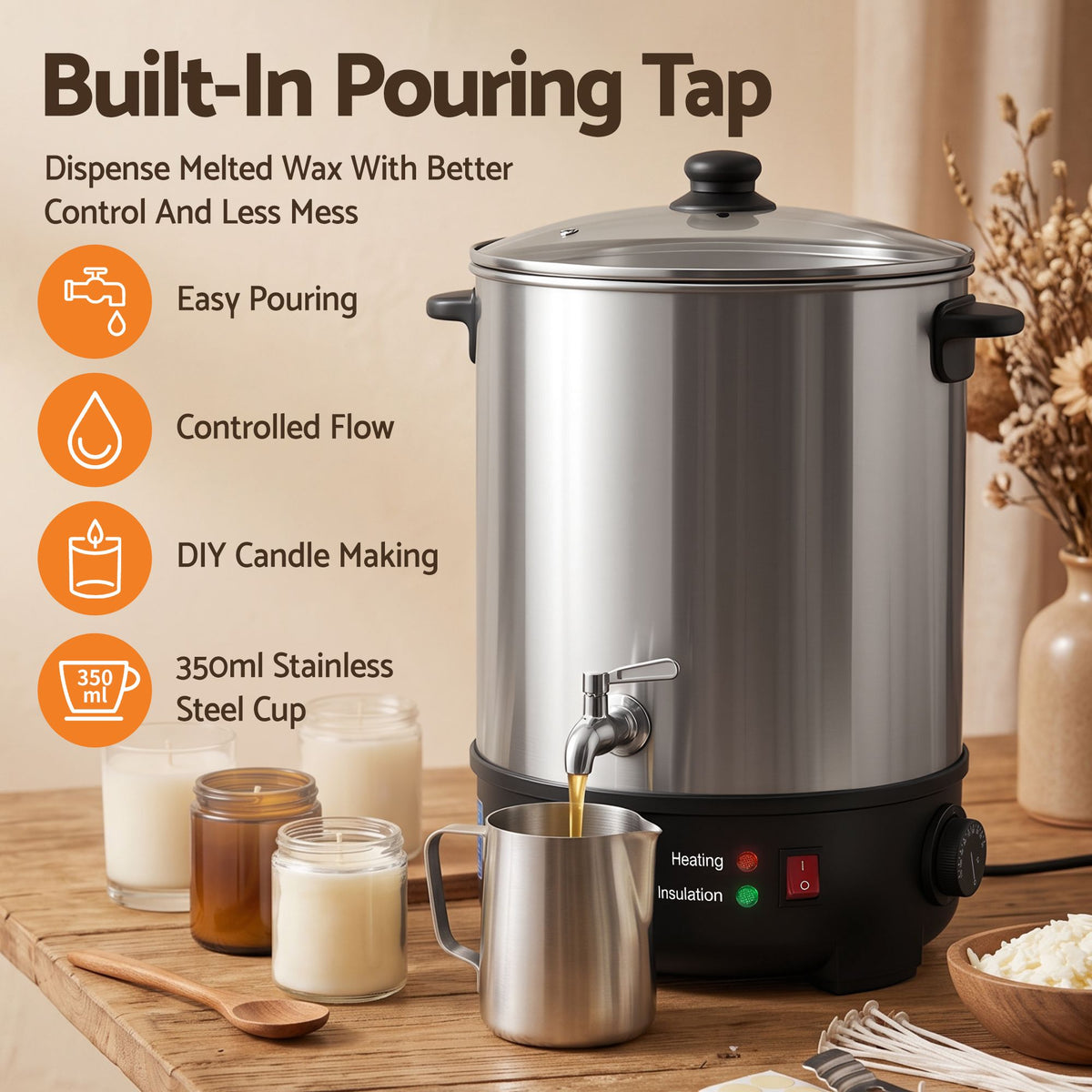 Devanti Electric Wax Melter with Tap and Candle Tool Set, 16L, Silver