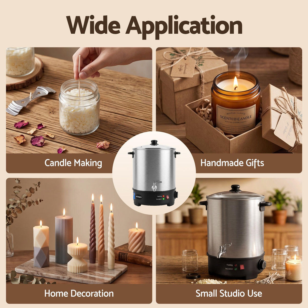 Devanti Electric Wax Melter with Tap and Candle Tool Set, 16L, Silver