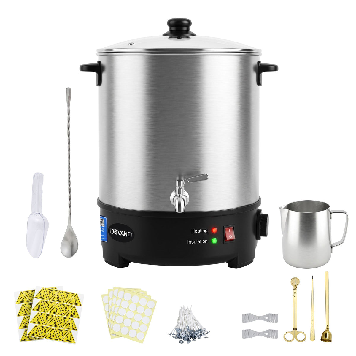 Devanti Electric Wax Melter with Tap and Candle Tool Set, 16L, Silver