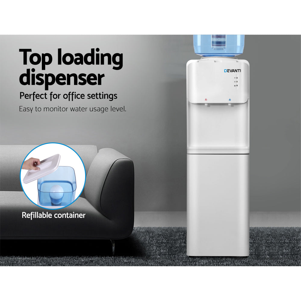 Devanti Water Cooler Dispenser with 22L Filter Bottle, Hot and Cold, White, with 2 Spare Filters