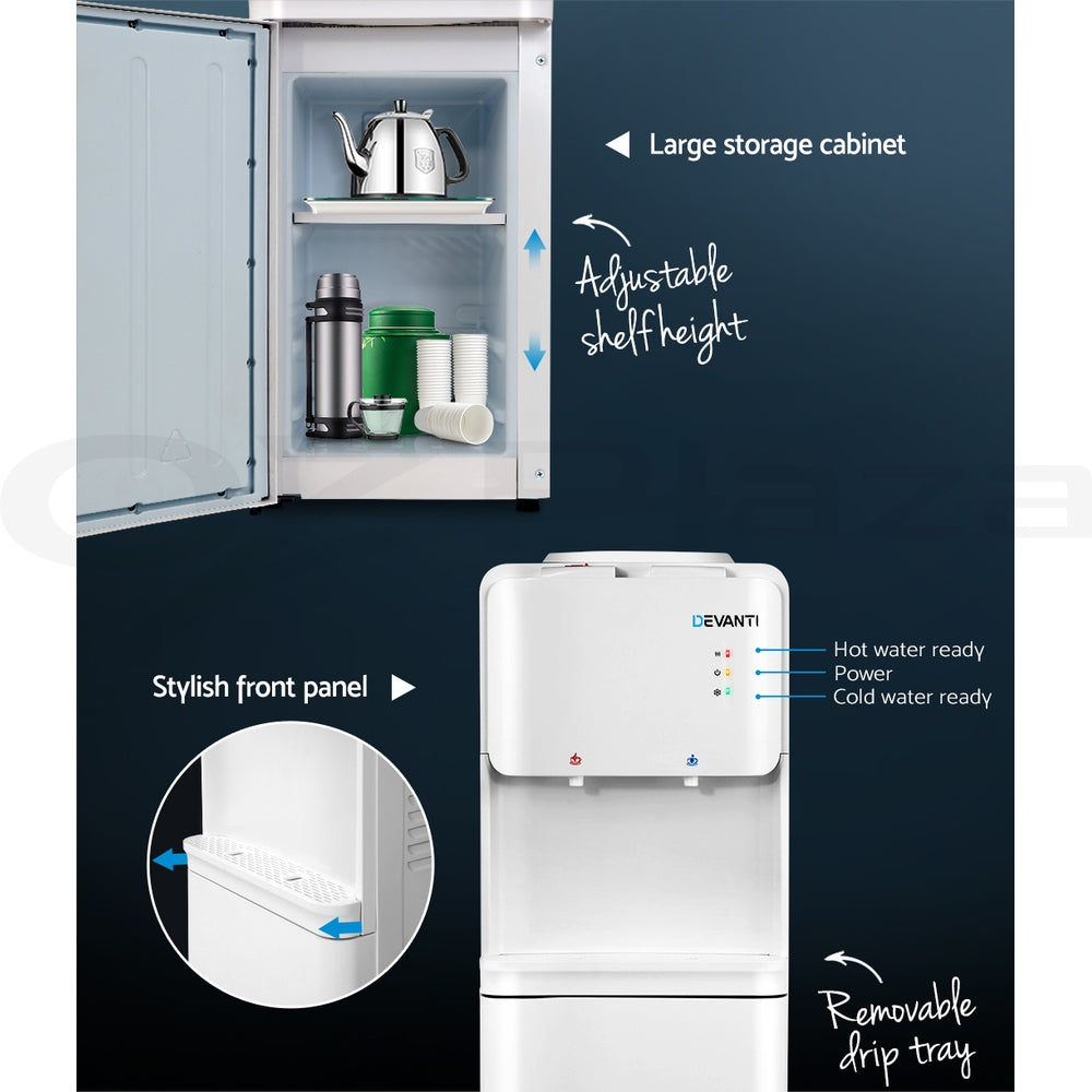 Devanti Water Cooler Dispenser with 22L Filter Bottle, Hot and Cold, White, with 2 Spare Filters