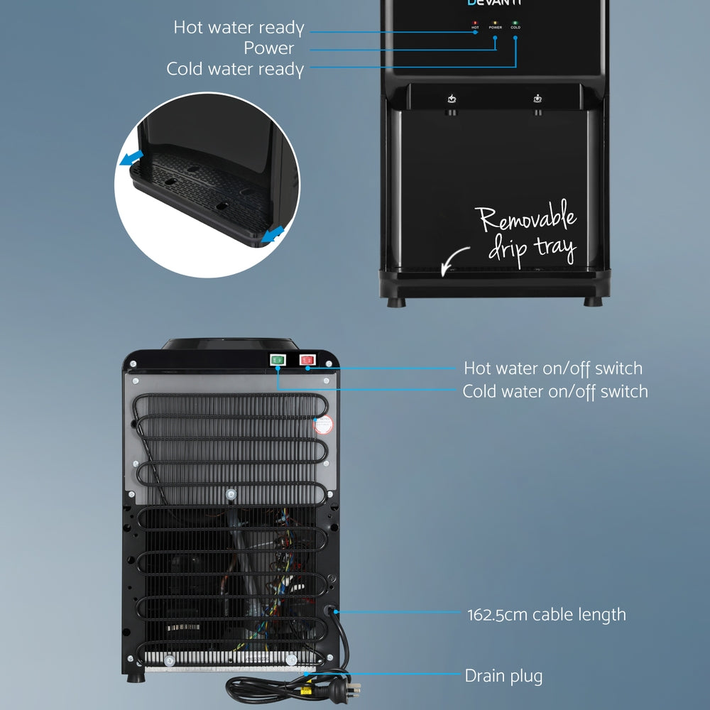 Devanti 22L Compressor Water Cooler, Hot and Cold, 2 Filters, Black