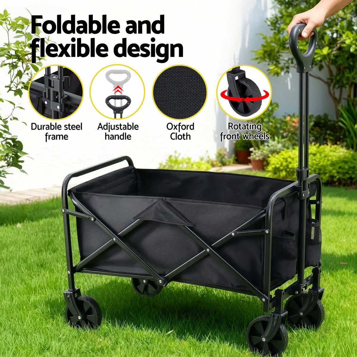 Gardeon Folding Garden Cart Camping Wagon, 80kg Capacity, Black