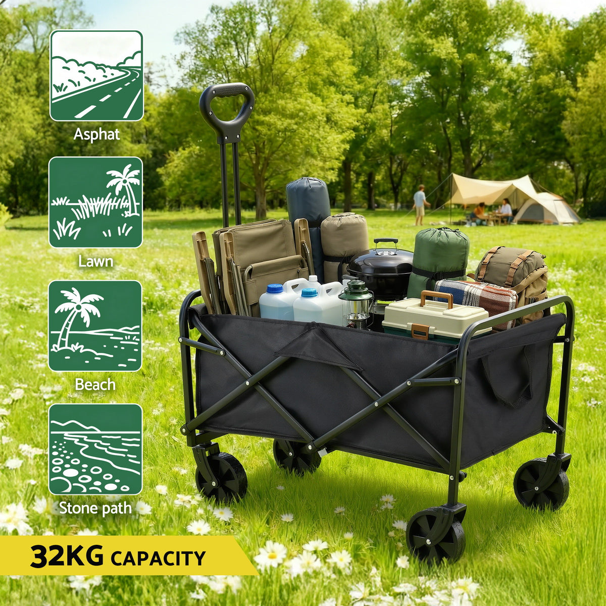 Gardeon Folding Garden Cart Camping Wagon, 80kg Capacity, Black