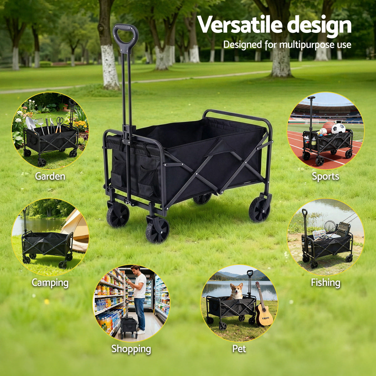 Gardeon Folding Garden Cart Camping Wagon, 80kg Capacity, Black