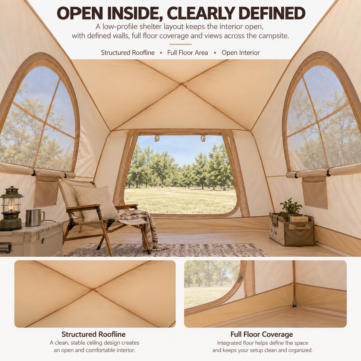 Weisshorn Inflatable Camping Tent with Dual End Doors and Arched Windows, 300 x 400 cm, Khaki