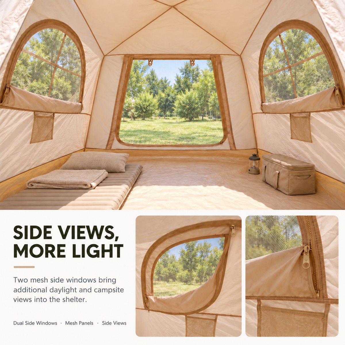 Weisshorn Inflatable Camping Tent with Dual End Doors and Arched Windows, 300 x 400 cm, Khaki