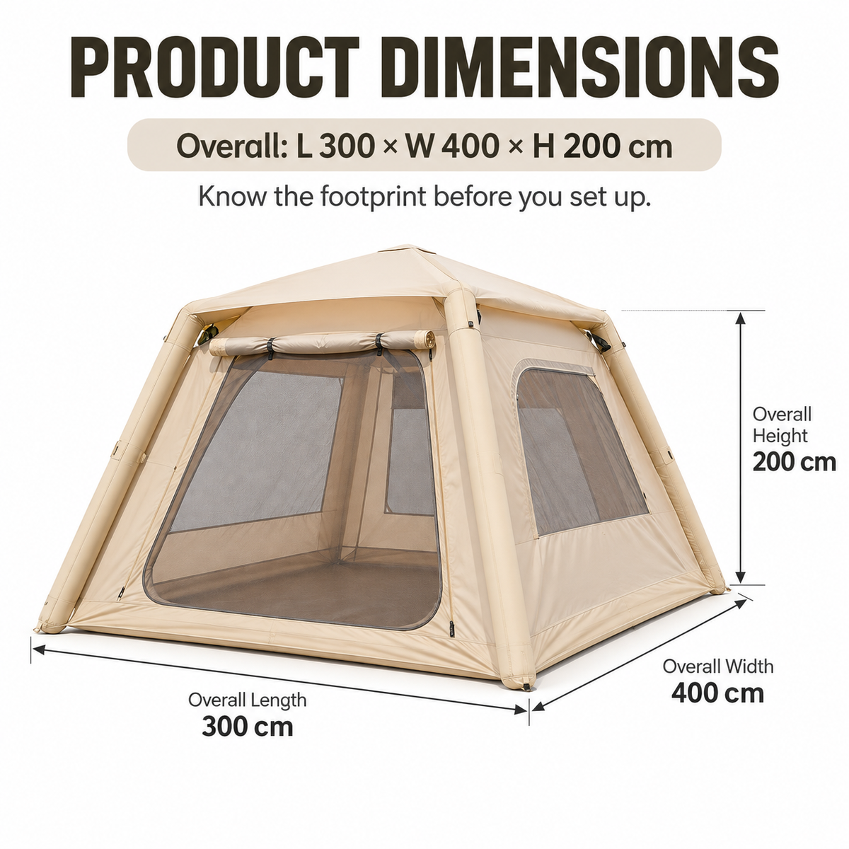 Weisshorn Inflatable Camping Tent with Dual End Doors and Arched Windows, 300 x 400 cm, Khaki