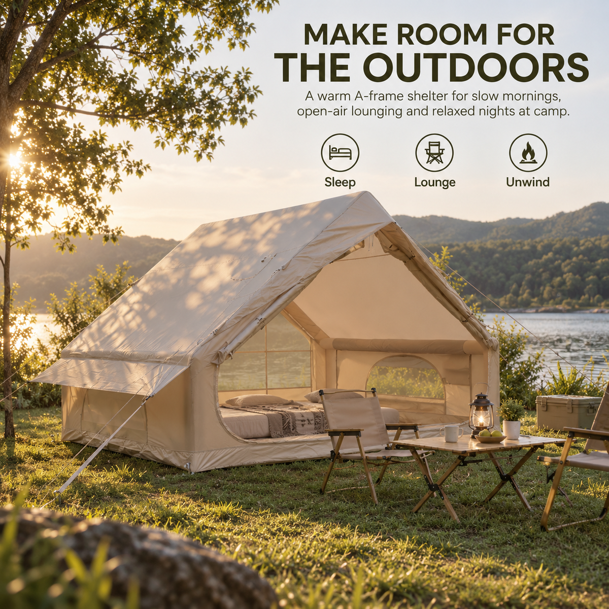 Weisshorn Inflatable A-Frame Glamping Tent with Wide Side Opening, 300 x 210 cm, Khaki