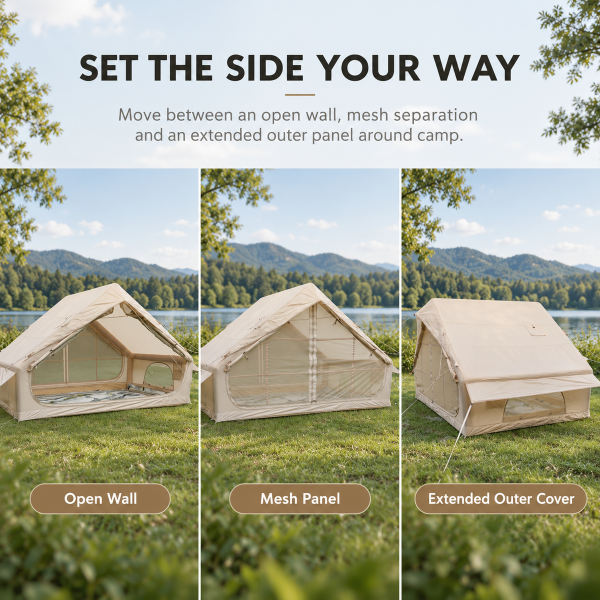 Weisshorn Inflatable A-Frame Glamping Tent with Wide Side Opening, 300 x 210 cm, Khaki