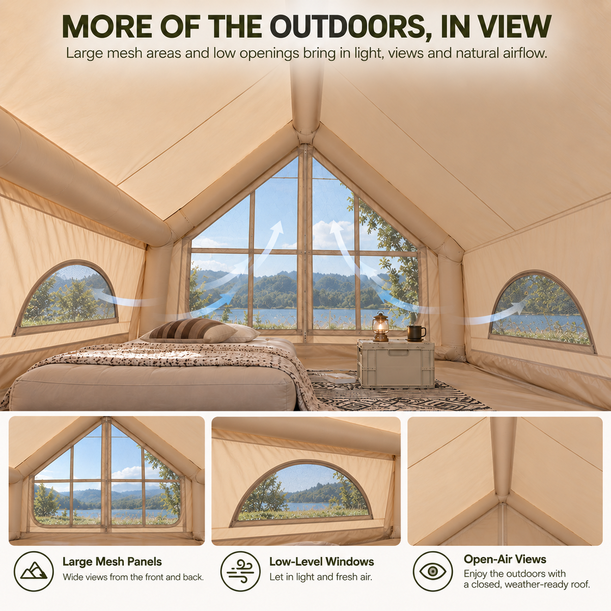 Weisshorn Inflatable A-Frame Glamping Tent with Wide Side Opening, 300 x 210 cm, Khaki