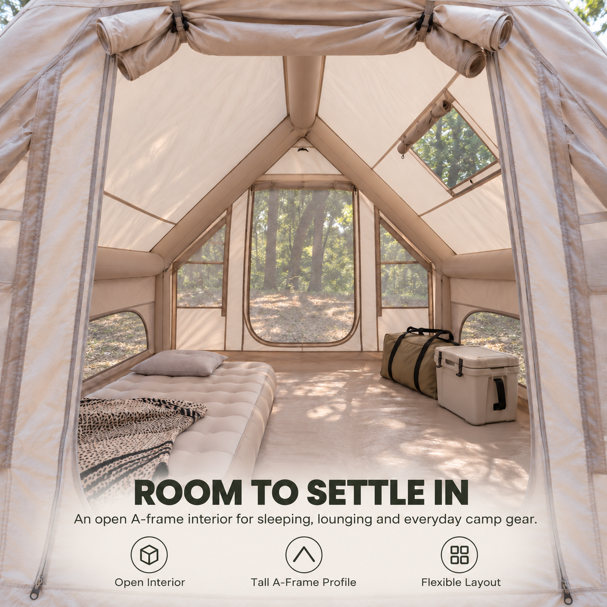 Weisshorn Inflatable A-Frame Air Tent with Mesh Windows, 300 x 210 cm, Khaki