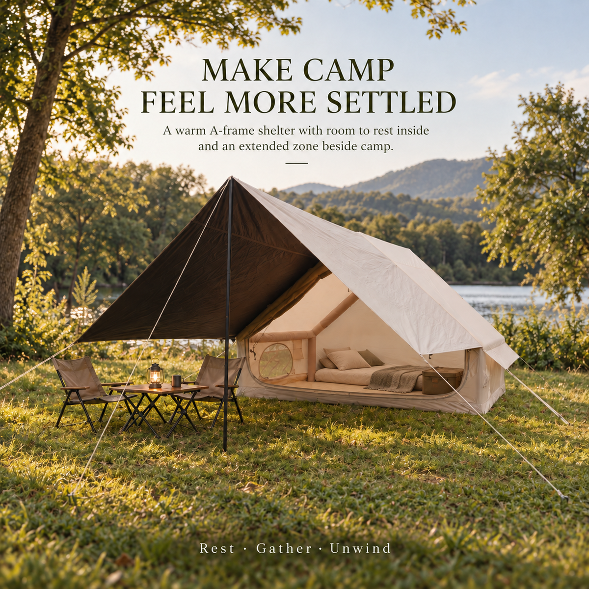 Weisshorn Inflatable A-Frame Basecamp Tent with Extended Side Awning, Khaki