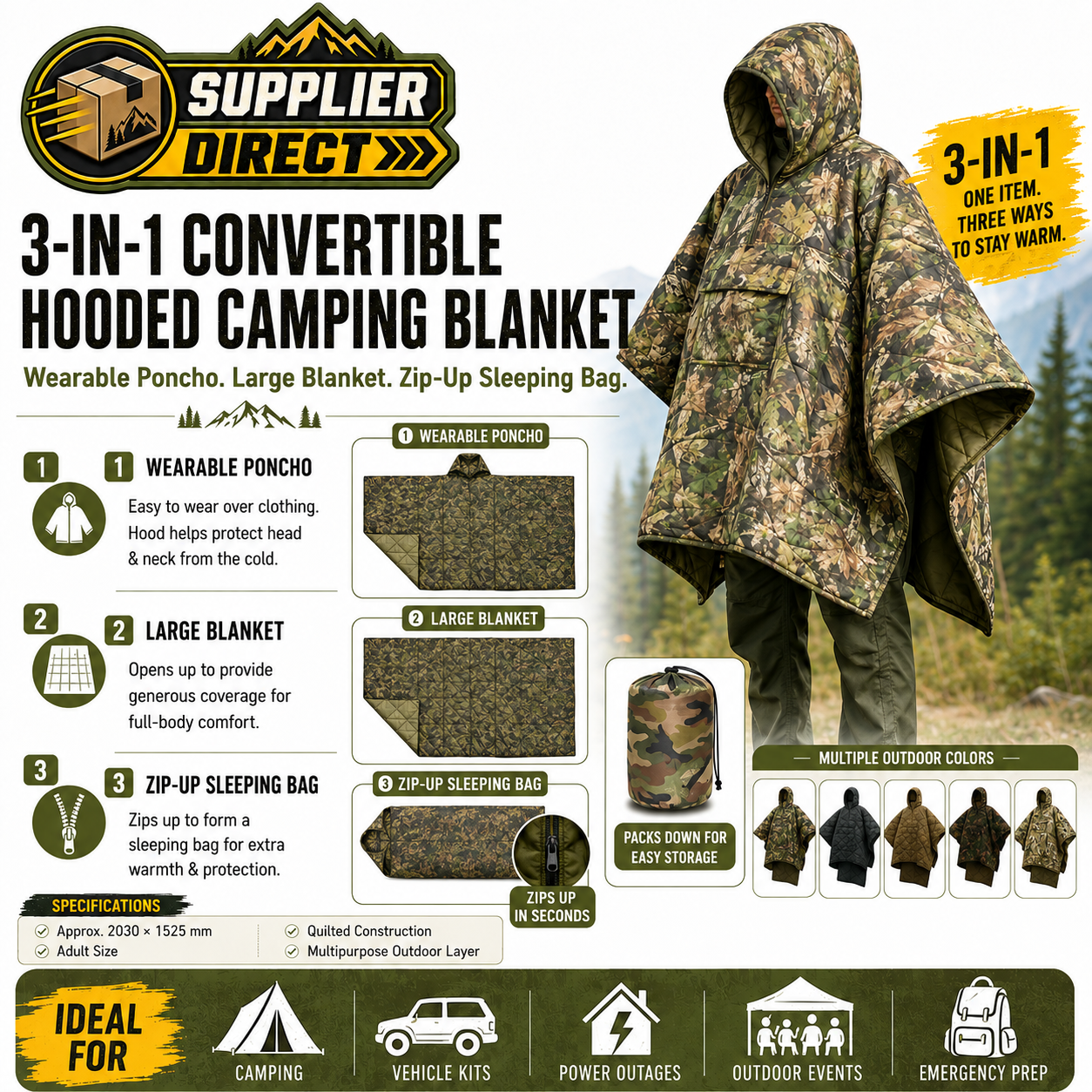 3-in-1 Hooded Camping Blanket – Wearable Poncho, Blanket & Zip-Up Sleeping Bag
