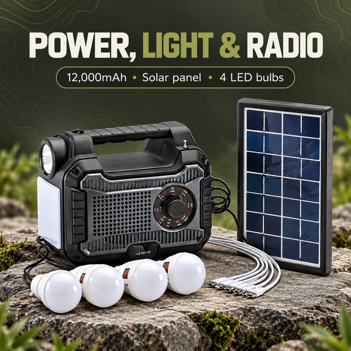PrepPro Family 3-Day Essentials Set — solar power station, panel and four bulbs