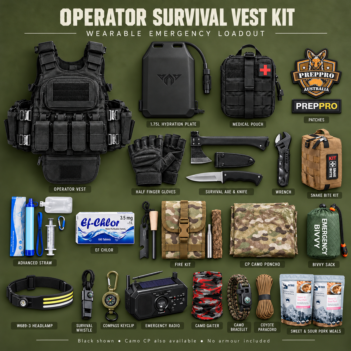 Operator Survival Vest Kit — itemised kit contents, Black vest shown