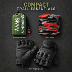 Operator Survival Vest Kit — green bivvy, neck gaiter and black half-finger gloves