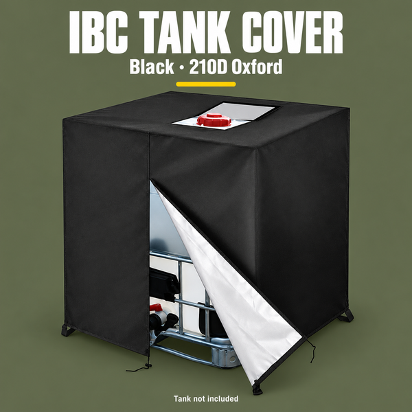 Black 210D Oxford IBC Tank Cover, Zip and Velcro Access, 120 x 100 x 116 cm