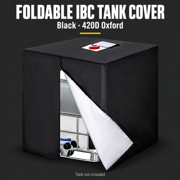 Foldable Black IBC Tank Cover with Storage Bag, 420D Oxford, 120 x 100 x 116 cm