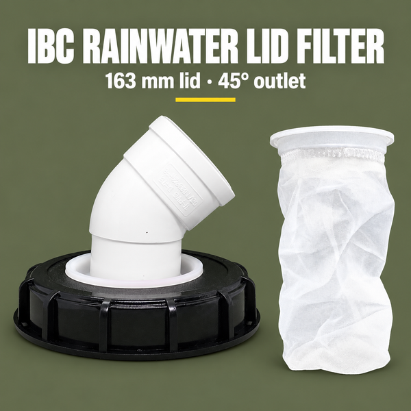 IBC Rainwater Lid Filter, 163mm Lid, 75mm Outlet, 45° Option