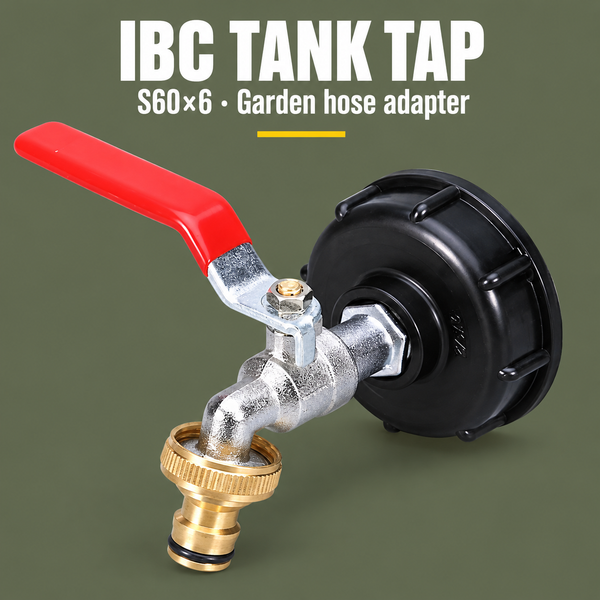 S60x6 IBC Tank Tap with Garden Hose Adapter, Alloy Body