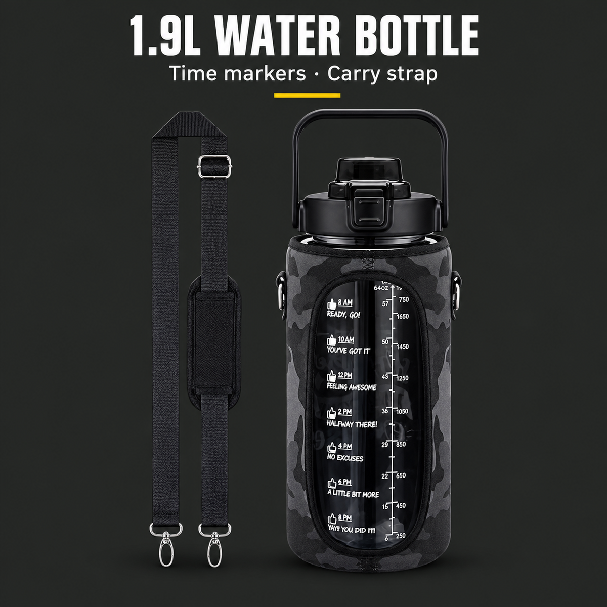 1.9L Water Bottle with Time Markers and Leak-Proof Lid