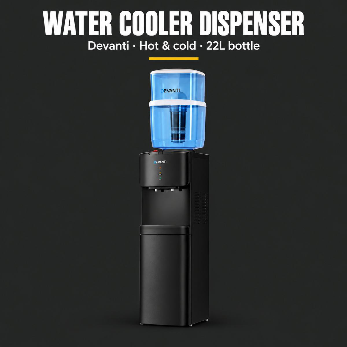 Devanti Water Cooler Dispenser with 22L Filter Bottle, Hot and Cold, Black, with 2 Spare Filters