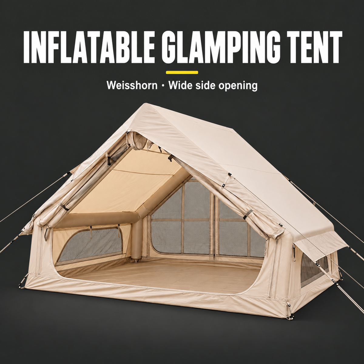 Weisshorn Inflatable A-Frame Glamping Tent with Wide Side Opening, 300 x 210 cm, Khaki