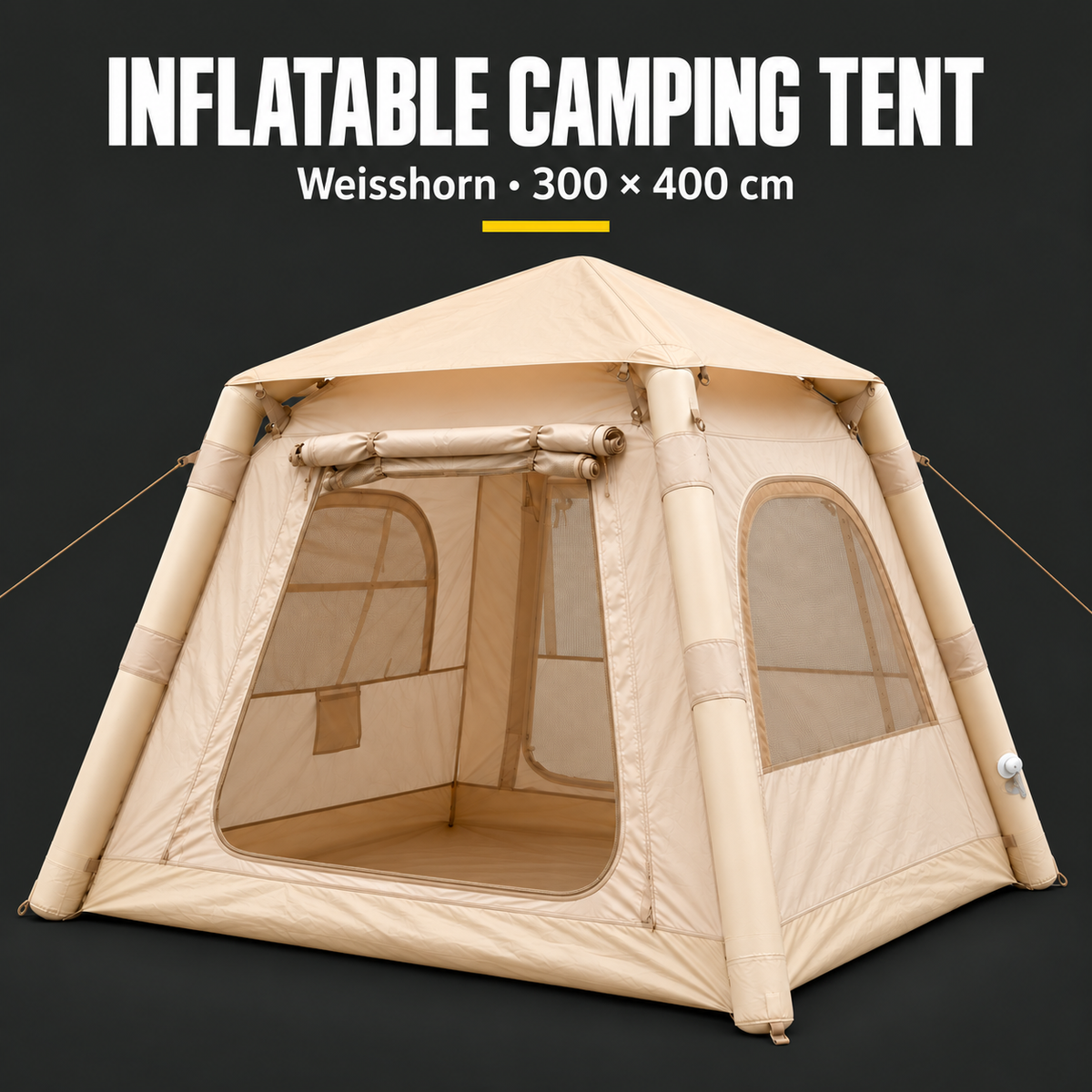 Weisshorn Inflatable Camping Tent with Dual End Doors and Arched Windows, 300 x 400 cm, Khaki